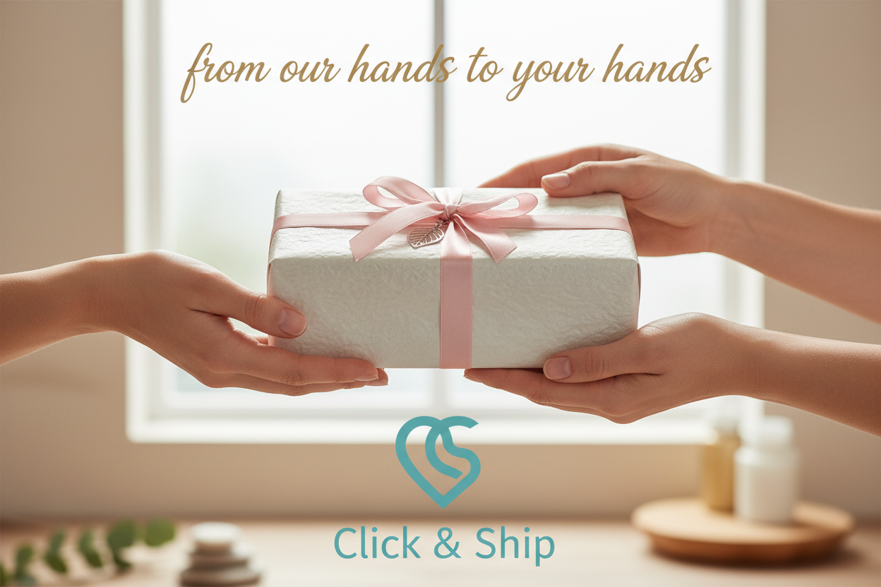 from our hands to you hand in the top centre and two hands givvibg gift bo to another hands add click&ship logo